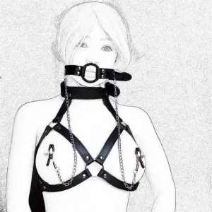 "Eight" - Fetish Neck Bondage With Nipple Chain Clamps PU Leather Erotic Chest Harness ST8