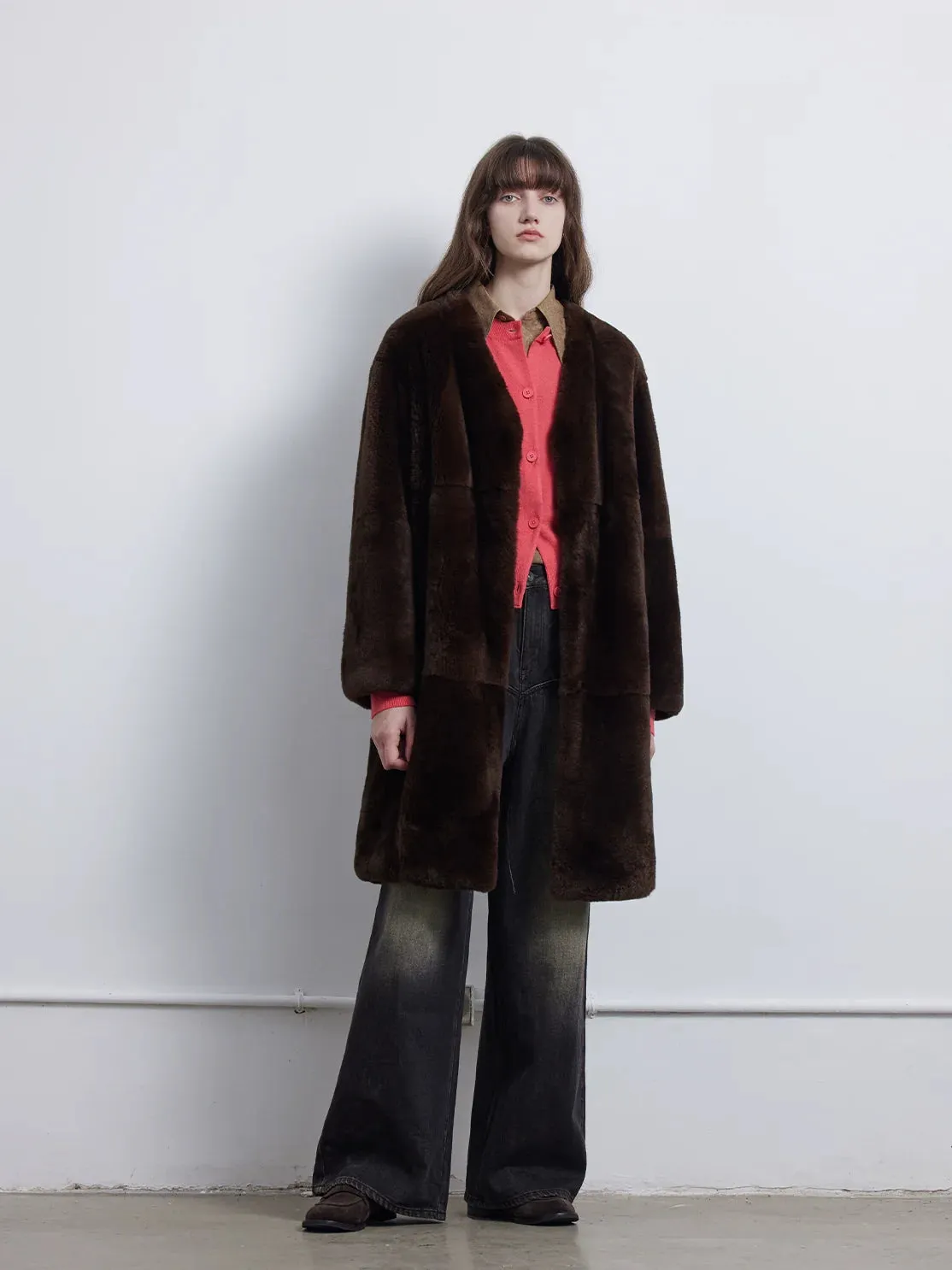 Retro V-Neck Rex Rabbit Fur Coat