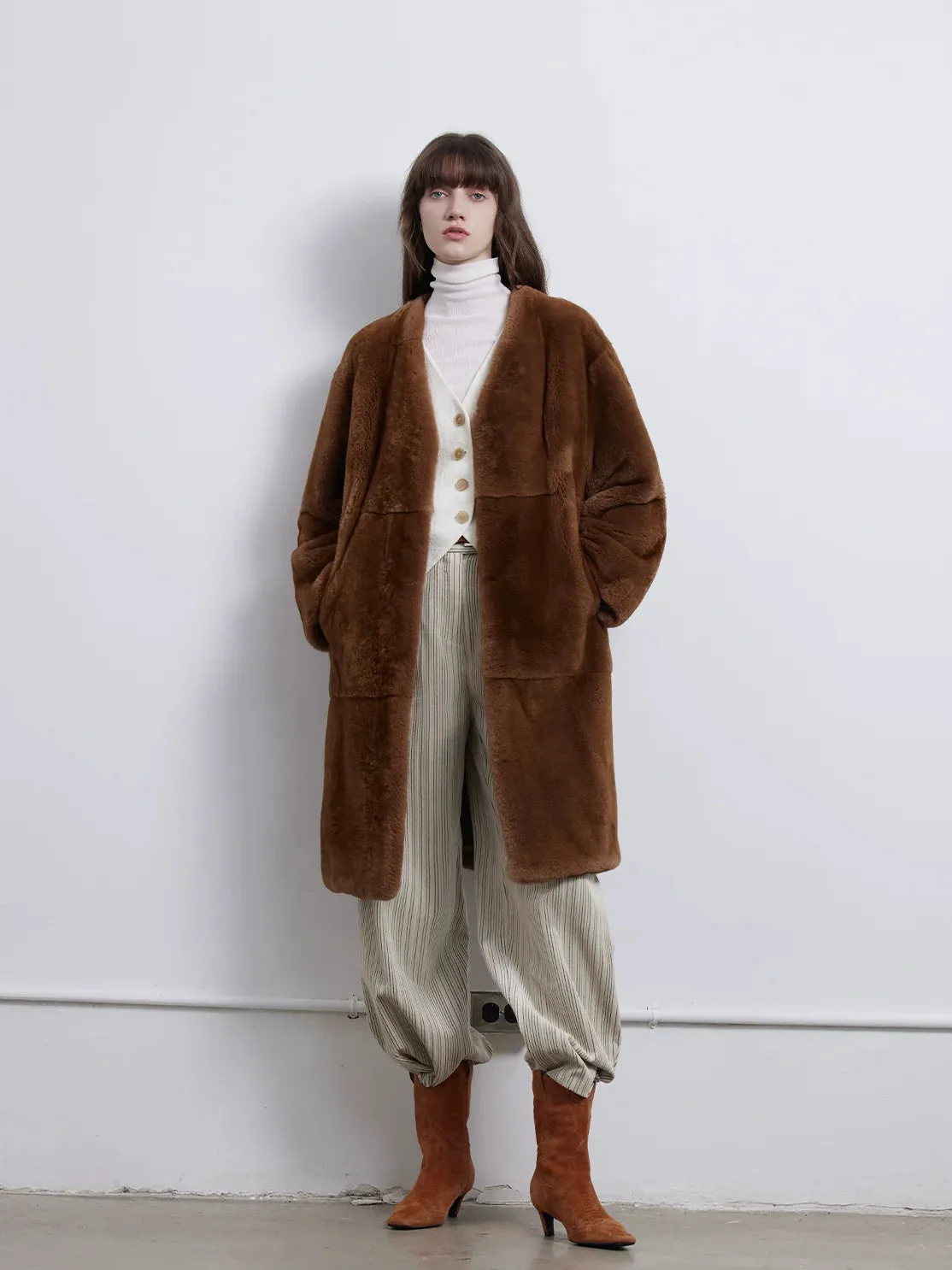 Retro V-Neck Rex Rabbit Fur Coat