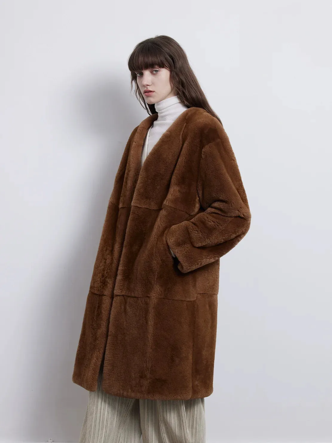 Retro V-Neck Rex Rabbit Fur Coat
