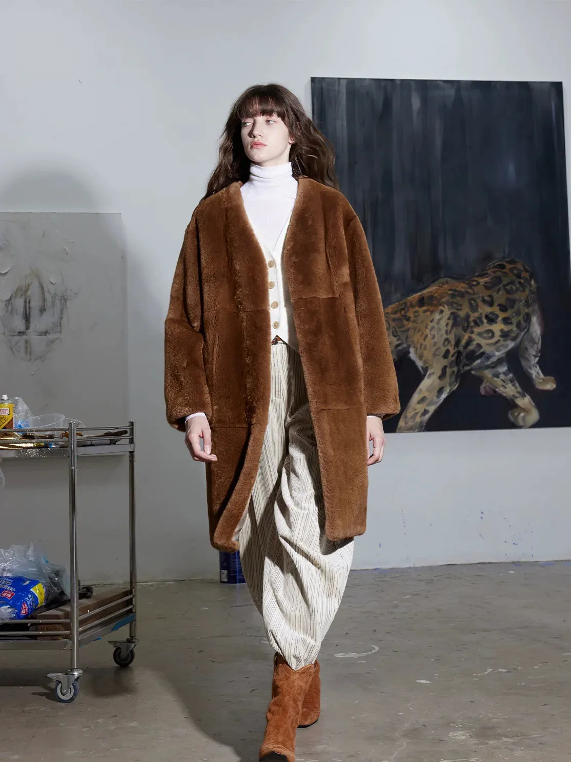 Retro V-Neck Rex Rabbit Fur Coat
