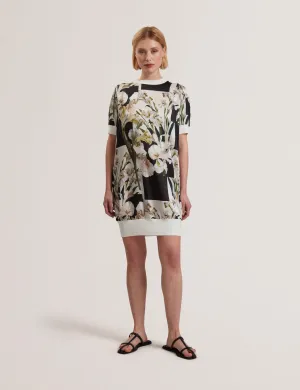 Roneea Printed Woven Front Boxy Dress Ivory