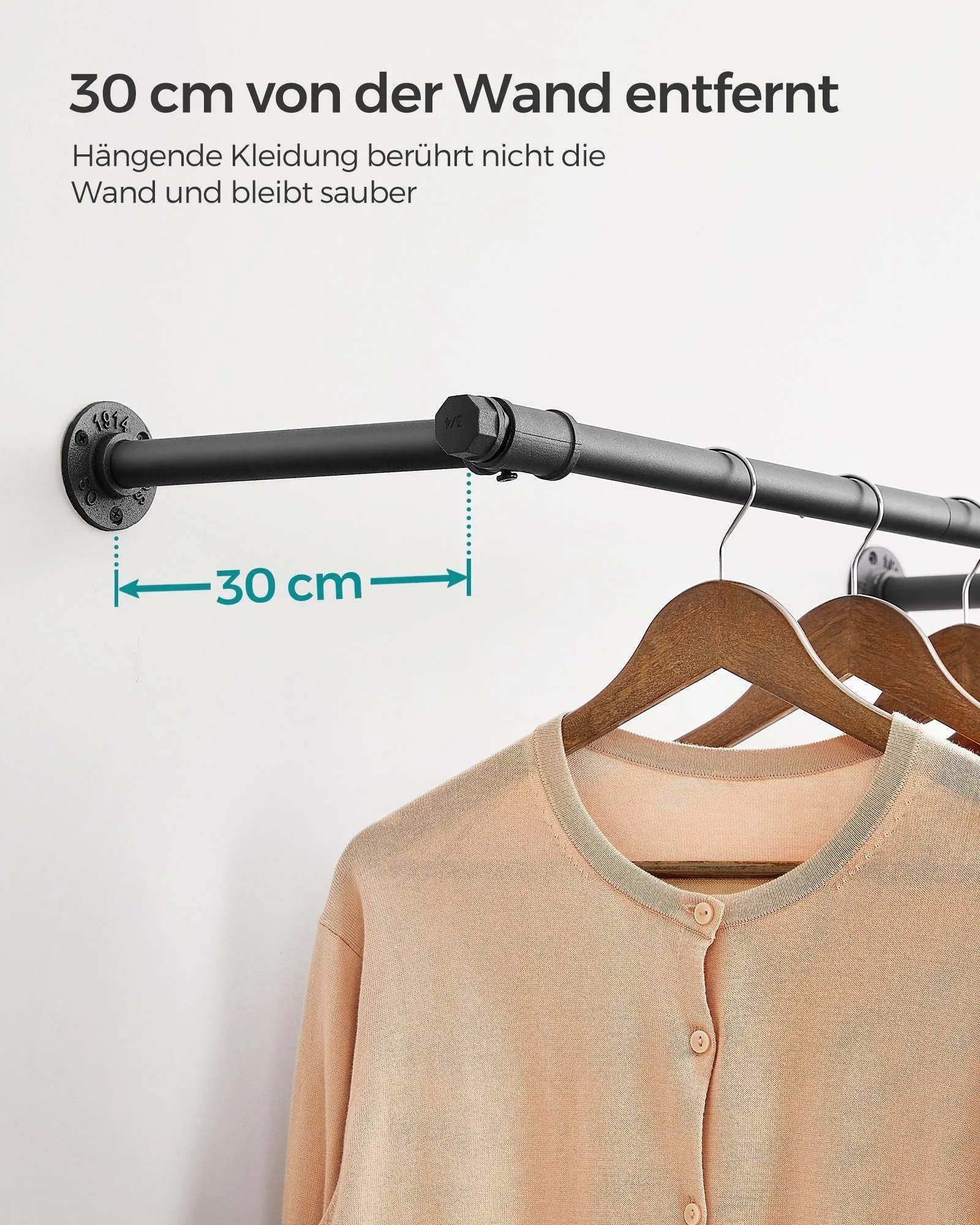 Rootz Black Steel Wardrobe Rail - Clothes Hanger - Garment Rack - Lightweight - Easy Assembly - 30cm x 84cm x 7cm