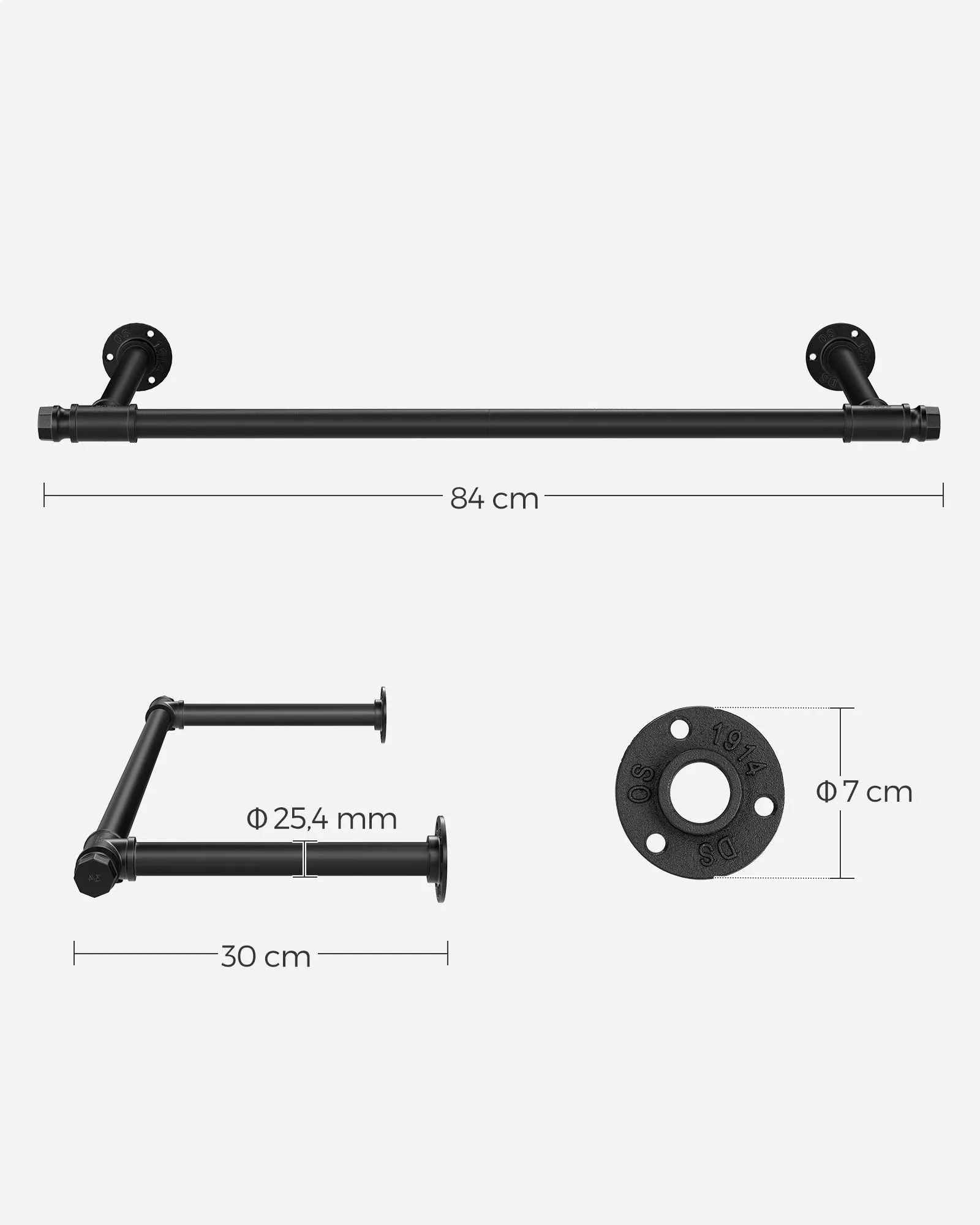 Rootz Black Steel Wardrobe Rail - Clothes Hanger - Garment Rack - Lightweight - Easy Assembly - 30cm x 84cm x 7cm