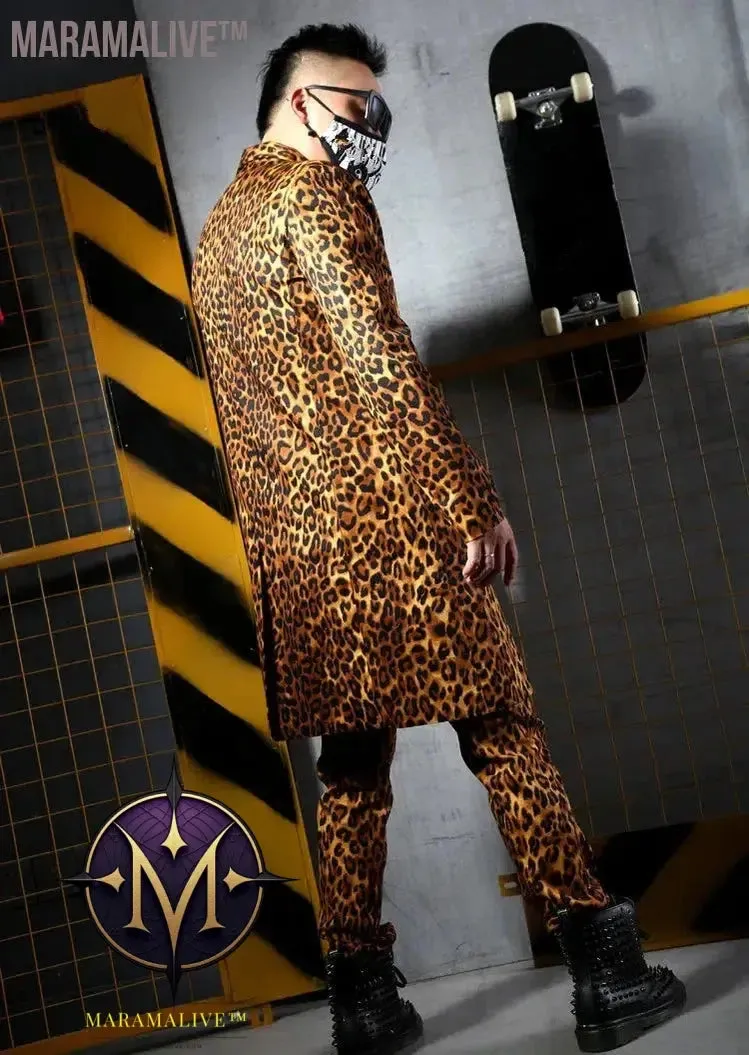 S-6XL Fashion Leopard Printing Long Blazers Jackets Men's Suits Bar Nightclub Singer DJ Stage outfit Rock Hip Hop Rock Costumes