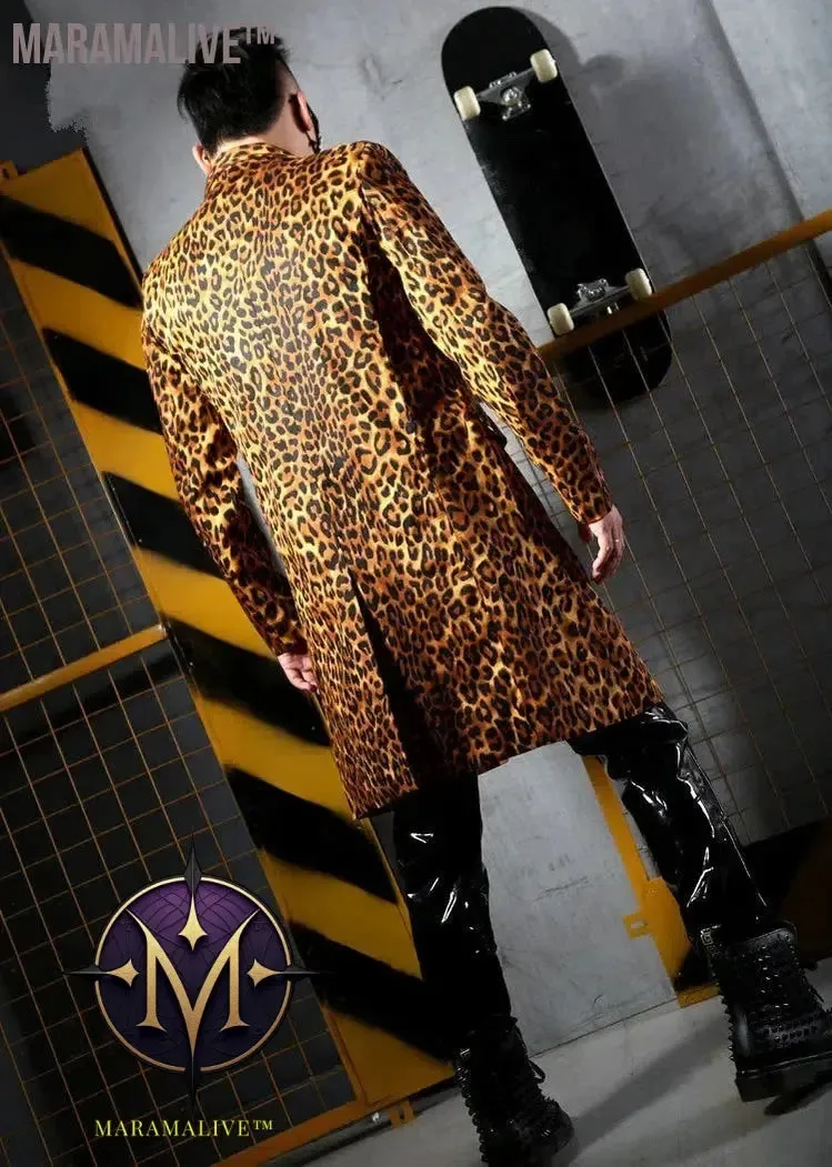 S-6XL Fashion Leopard Printing Long Blazers Jackets Men's Suits Bar Nightclub Singer DJ Stage outfit Rock Hip Hop Rock Costumes