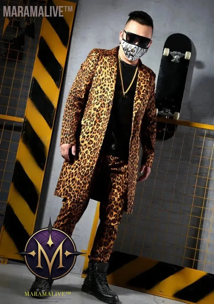 S-6XL Fashion Leopard Printing Long Blazers Jackets Men's Suits Bar Nightclub Singer DJ Stage outfit Rock Hip Hop Rock Costumes