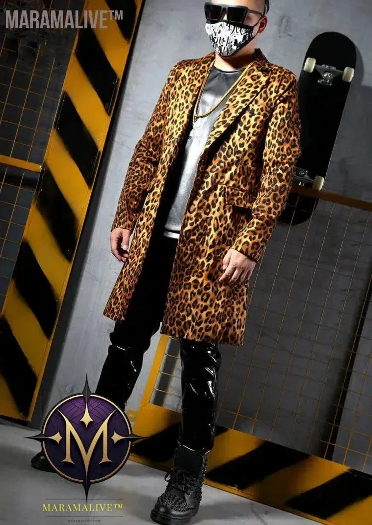 S-6XL Fashion Leopard Printing Long Blazers Jackets Men's Suits Bar Nightclub Singer DJ Stage outfit Rock Hip Hop Rock Costumes