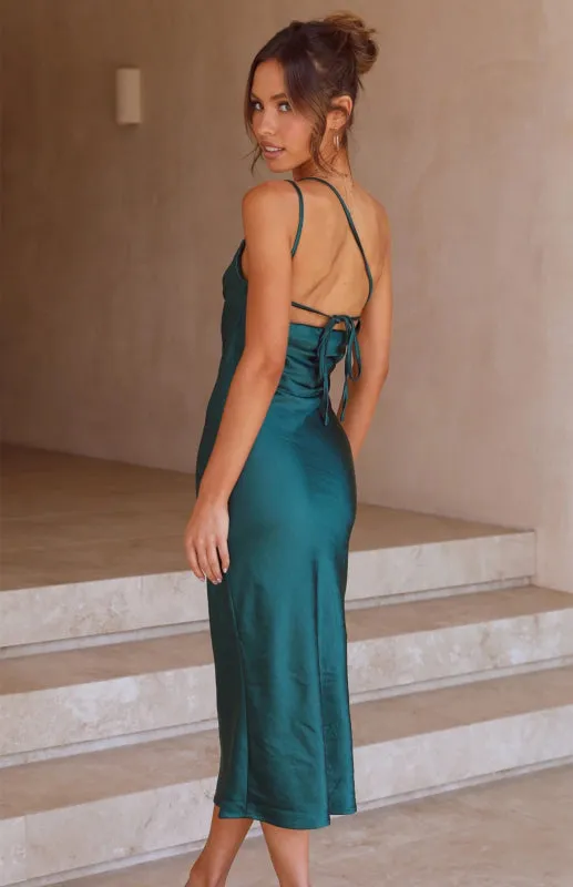 Satin Midi Dress with Asymmetrical Tie-Back Design
