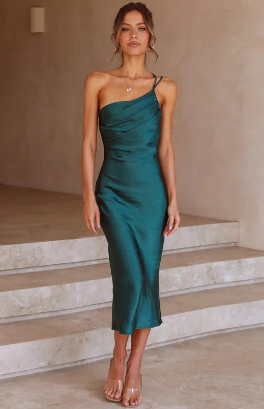 Satin Midi Dress with Asymmetrical Tie-Back Design