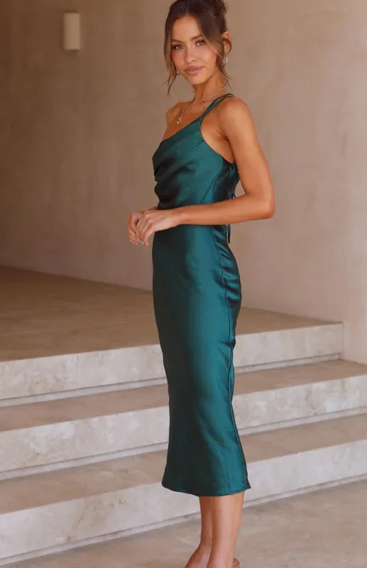 Satin Midi Dress with Asymmetrical Tie-Back Design