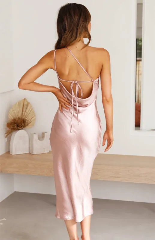Satin Midi Dress with Asymmetrical Tie-Back Design