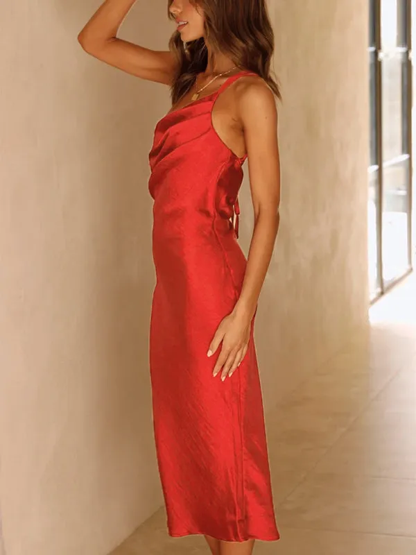 Satin Midi Dress with Asymmetrical Tie-Back Design
