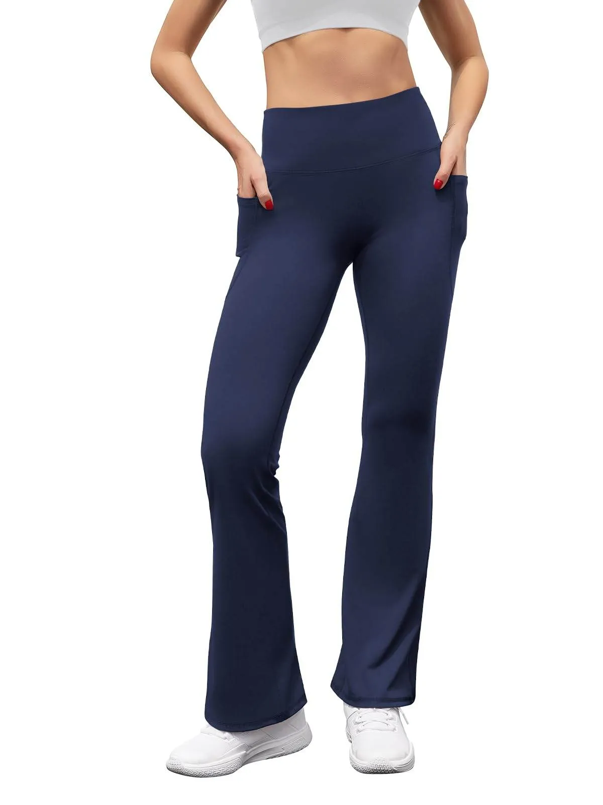 SEAJOJO Women's High Waist Flare Yoga Pants Tummy Control Casual Bootcut Leggings with Side Pockets Navy Blue