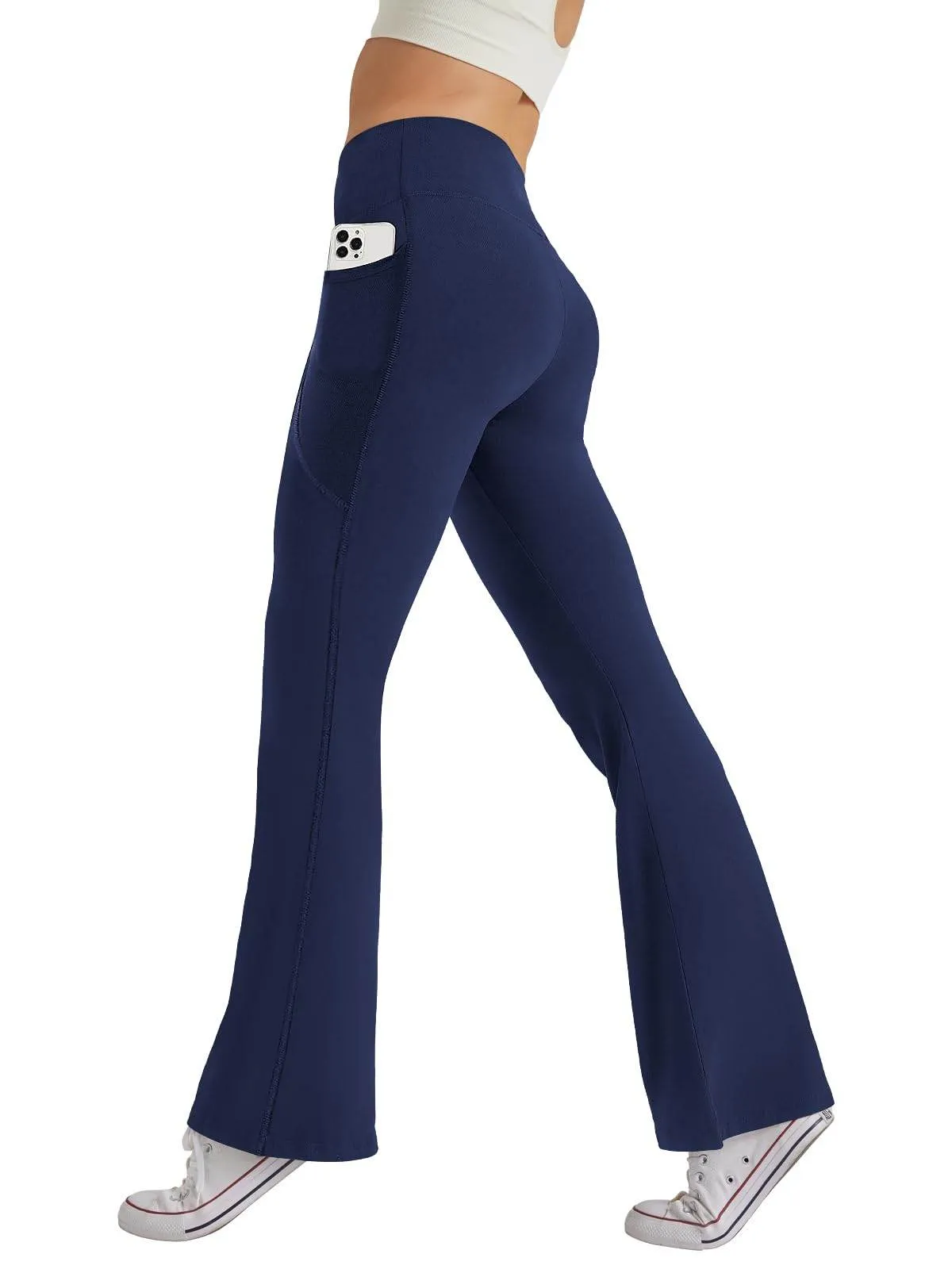 SEAJOJO Women's High Waist Flare Yoga Pants Tummy Control Casual Bootcut Leggings with Side Pockets Navy Blue