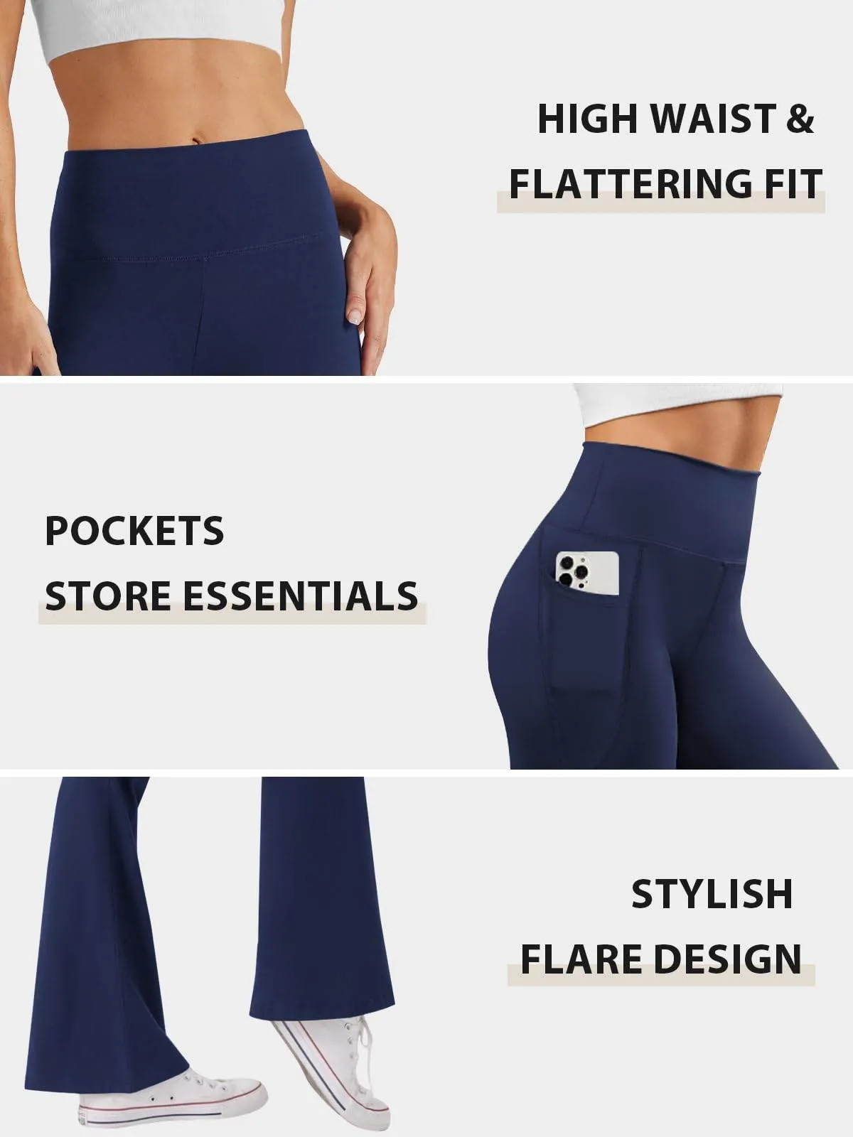 SEAJOJO Women's High Waist Flare Yoga Pants Tummy Control Casual Bootcut Leggings with Side Pockets Navy Blue