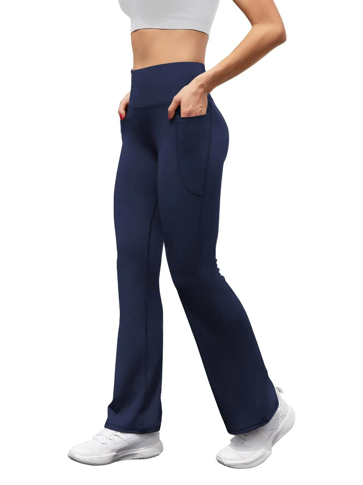 SEAJOJO Women's High Waist Flare Yoga Pants Tummy Control Casual Bootcut Leggings with Side Pockets Navy Blue
