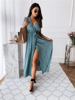 Short Sleeve V-Neck Polka Dots Dress