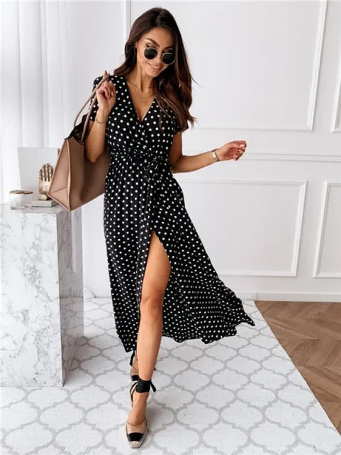 Short Sleeve V-Neck Polka Dots Dress