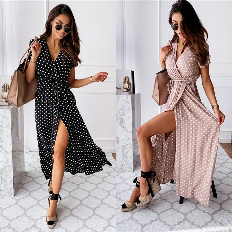 Short Sleeve V-Neck Polka Dots Dress