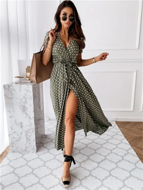 Short Sleeve V-Neck Polka Dots Dress