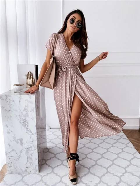 Short Sleeve V-Neck Polka Dots Dress