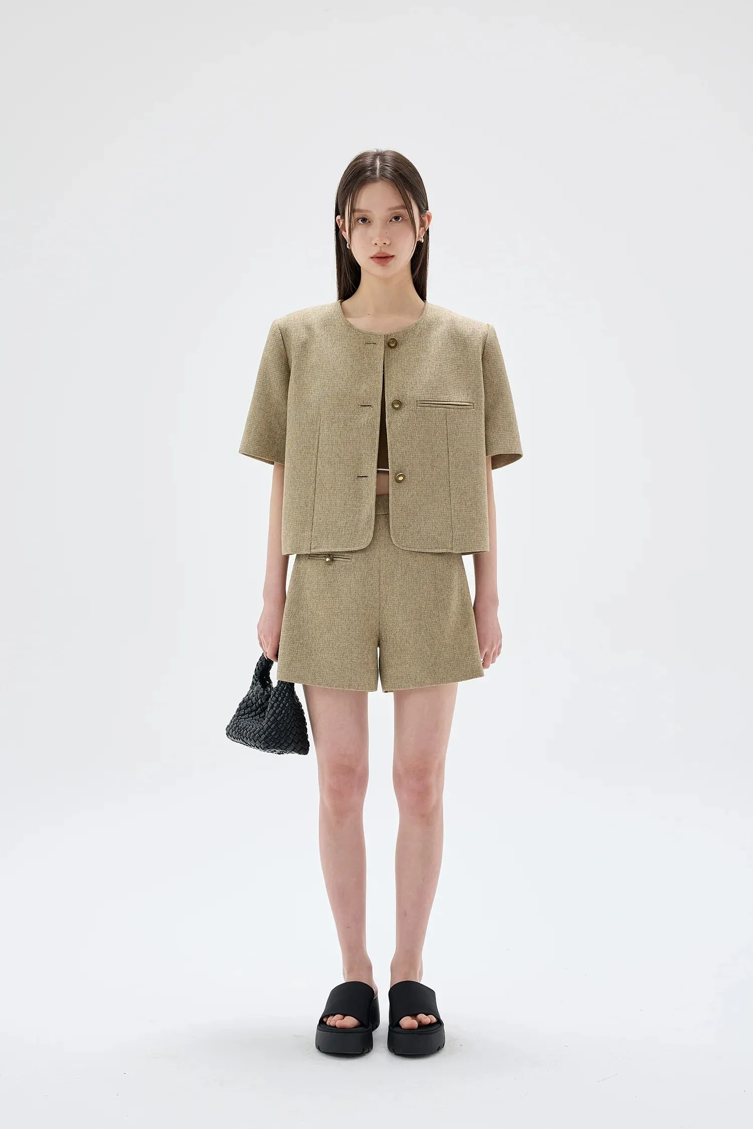 Simple Textured Jacket and Shorts Set