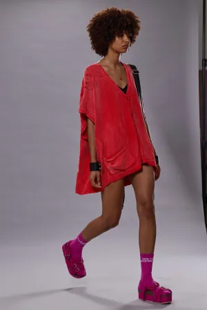 SLEEVELESS BOXY CARDIGAN DRESS - RED