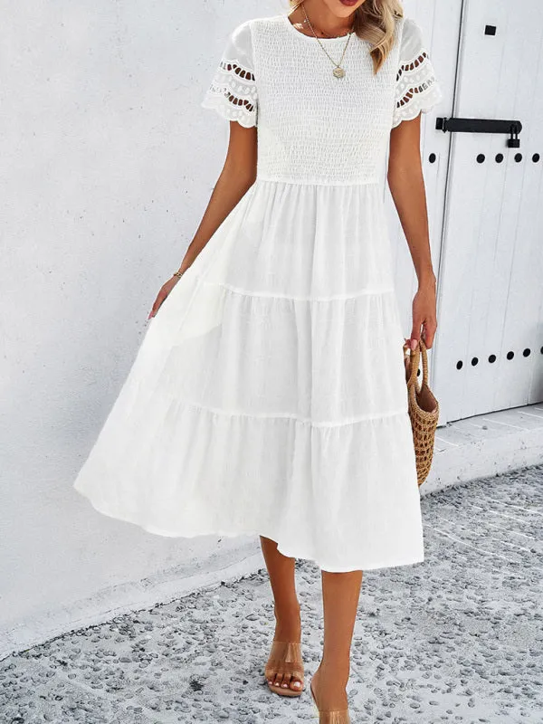 Smocked Bodice Midi Dress with Hollow-Out Lace Sleeves