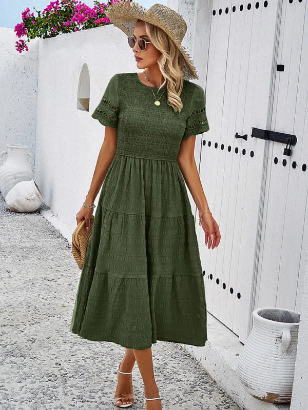 Smocked Bodice Midi Dress with Hollow-Out Lace Sleeves