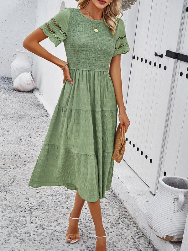 Smocked Bodice Midi Dress with Hollow-Out Lace Sleeves