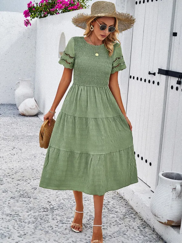 Smocked Bodice Midi Dress with Hollow-Out Lace Sleeves