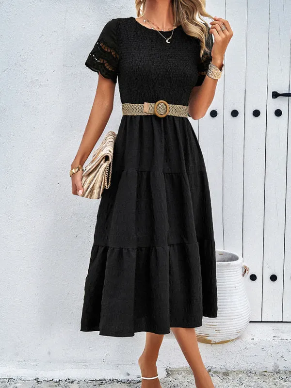 Smocked Bodice Midi Dress with Hollow-Out Lace Sleeves