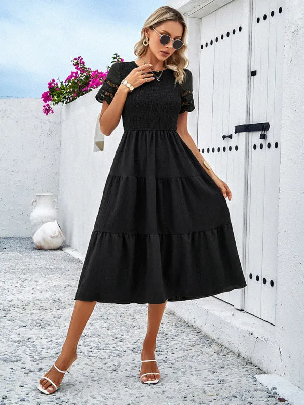 Smocked Bodice Midi Dress with Hollow-Out Lace Sleeves
