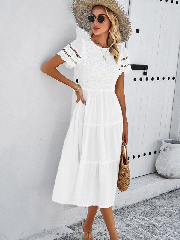 Smocked Bodice Midi Dress with Hollow-Out Lace Sleeves