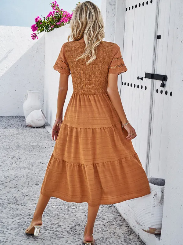 Smocked Bodice Midi Dress with Hollow-Out Lace Sleeves
