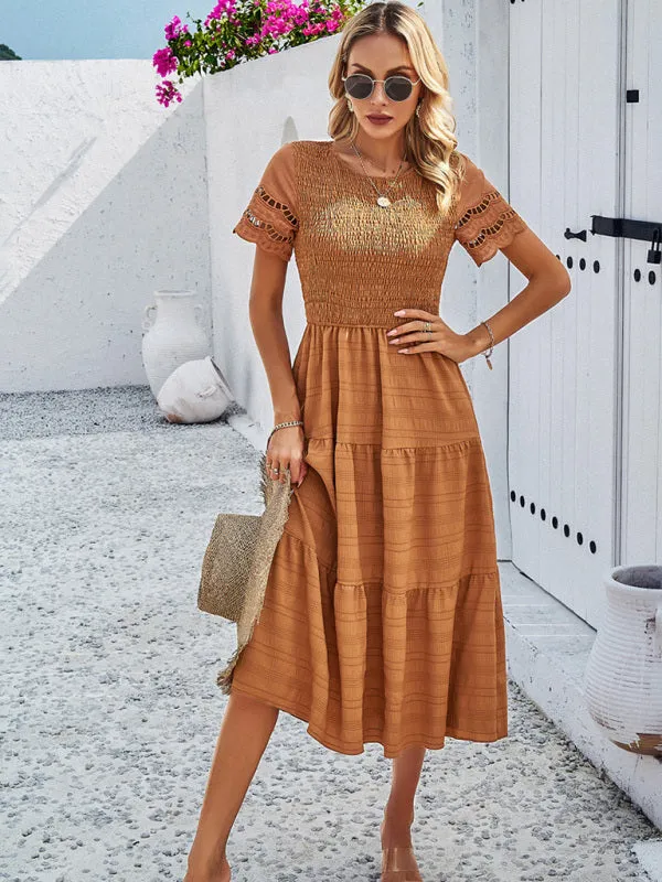 Smocked Bodice Midi Dress with Hollow-Out Lace Sleeves