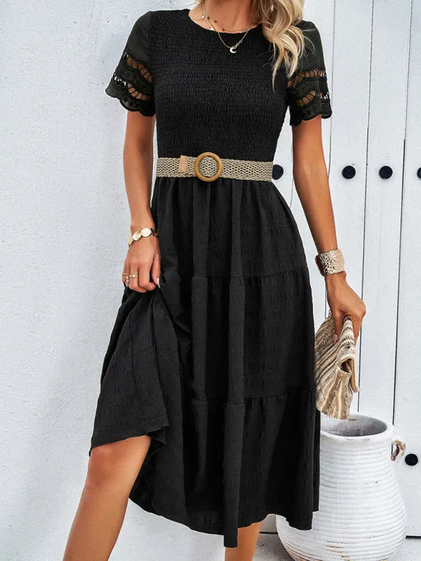 Smocked Bodice Midi Dress with Hollow-Out Lace Sleeves