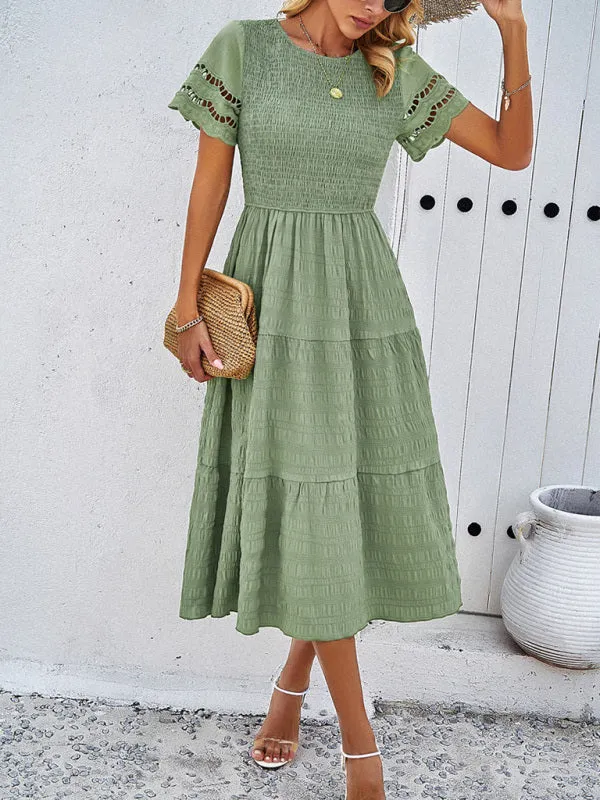 Smocked Bodice Midi Dress with Hollow-Out Lace Sleeves