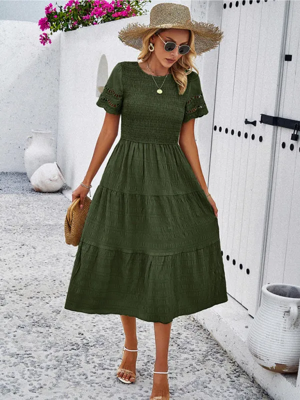 Smocked Bodice Midi Dress with Hollow-Out Lace Sleeves