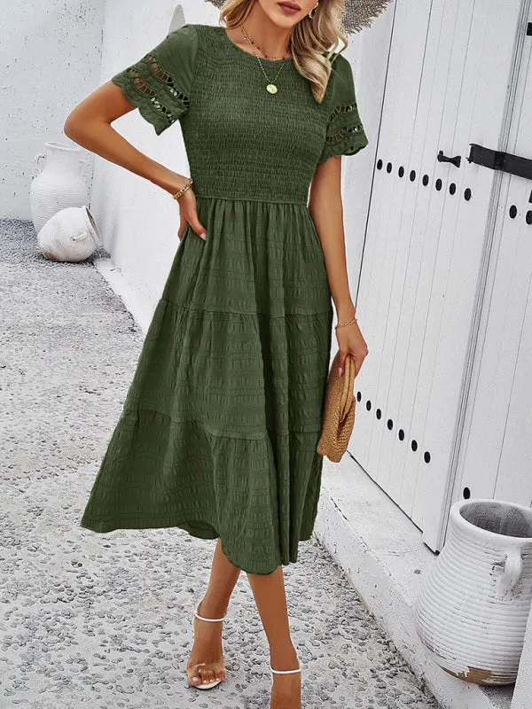 Smocked Bodice Midi Dress with Hollow-Out Lace Sleeves