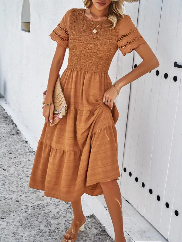 Smocked Bodice Midi Dress with Hollow-Out Lace Sleeves