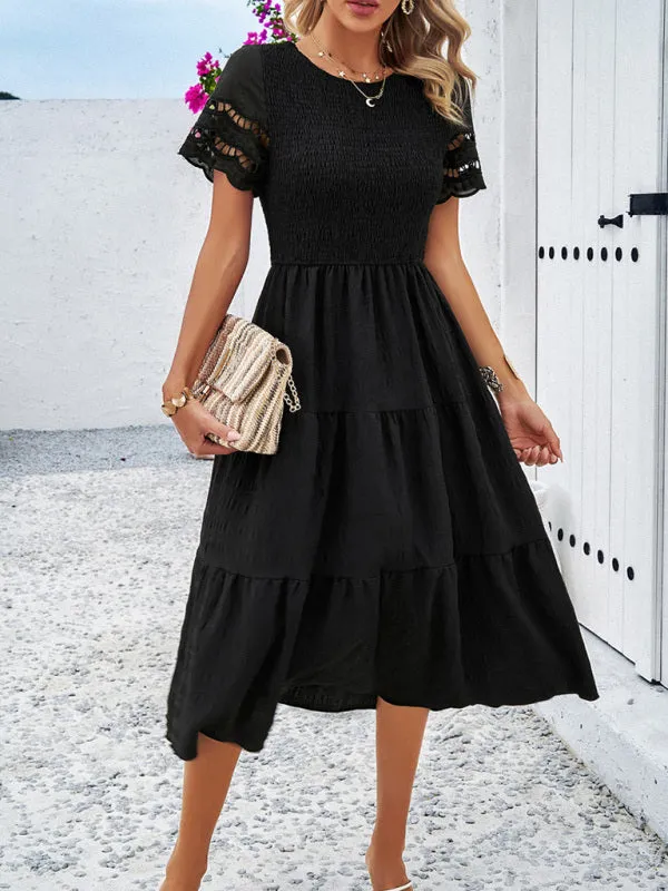 Smocked Bodice Midi Dress with Hollow-Out Lace Sleeves