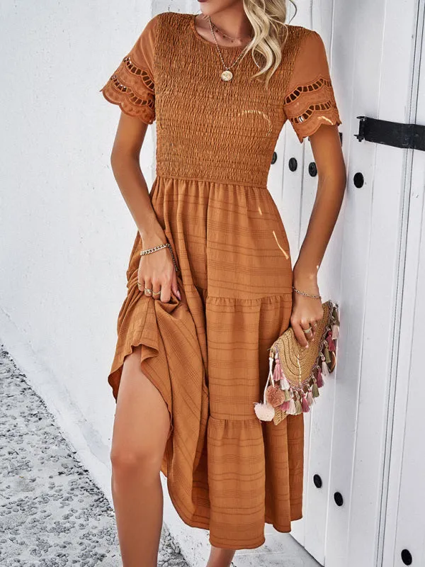 Smocked Bodice Midi Dress with Hollow-Out Lace Sleeves