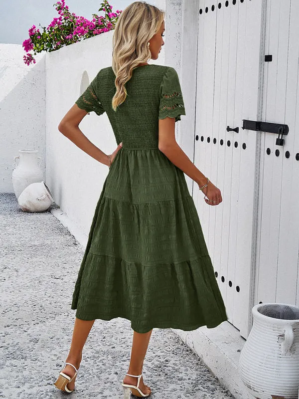Smocked Bodice Midi Dress with Hollow-Out Lace Sleeves