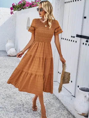 Smocked Bodice Midi Dress with Hollow-Out Lace Sleeves