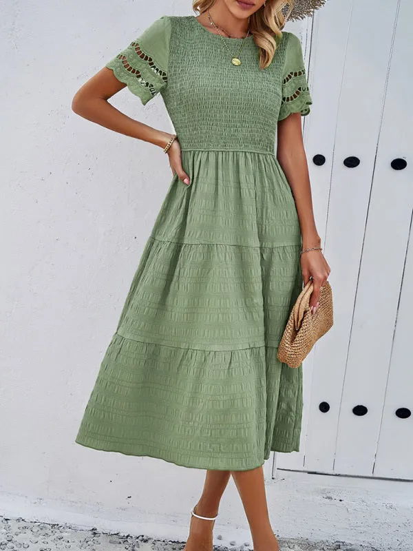 Smocked Bodice Midi Dress with Hollow-Out Lace Sleeves