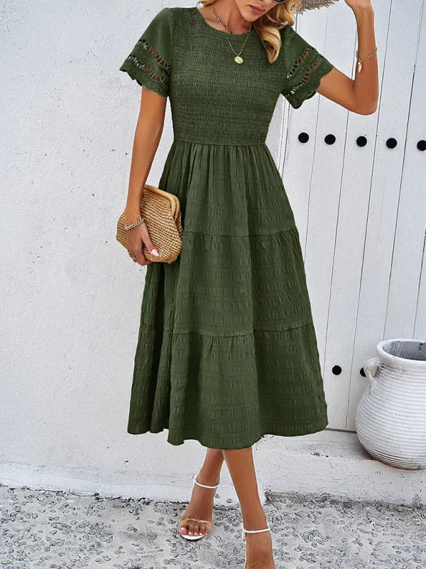 Smocked Bodice Midi Dress with Hollow-Out Lace Sleeves