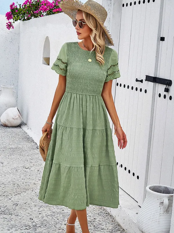 Smocked Bodice Midi Dress with Hollow-Out Lace Sleeves