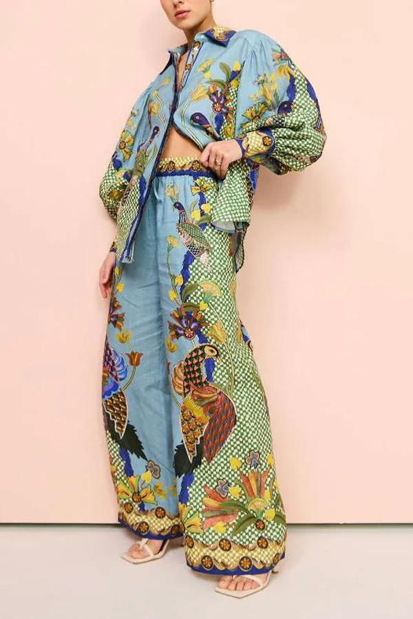 SMYRNA UNIQUE HEAVEN BIRD PRINT ELASTIC WAIST POCKETED WIDE LEG PANTS